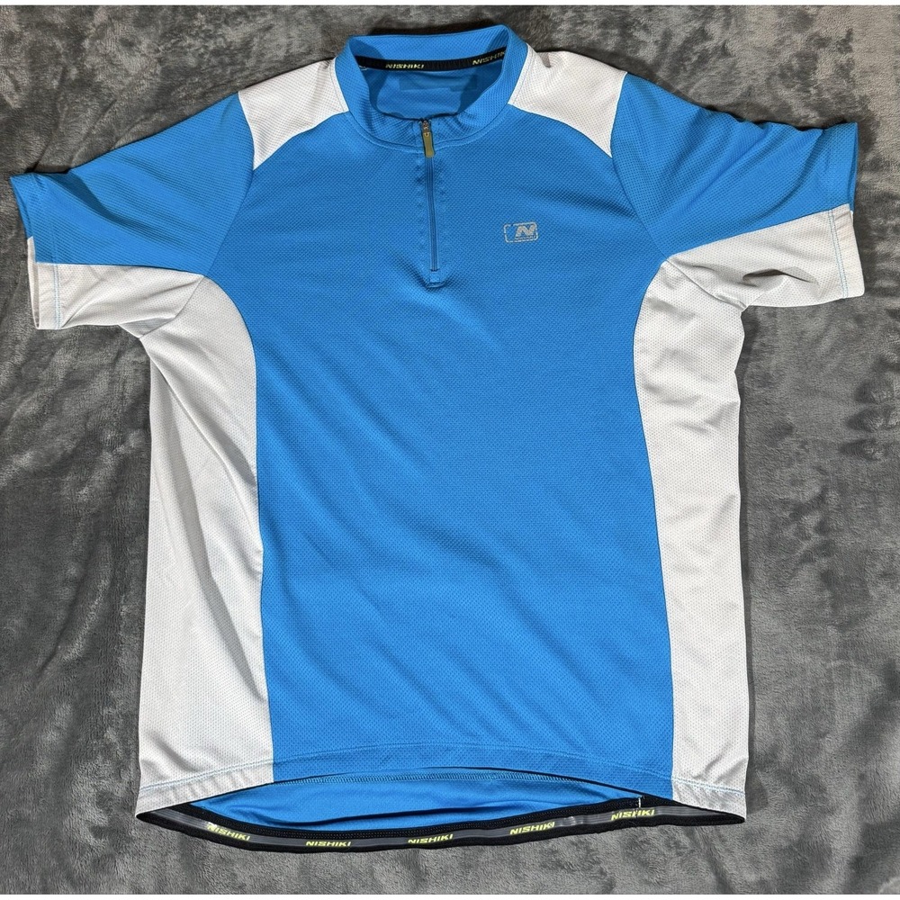 Nishiki Shirt Mens Large‎ Blue White 1/4 Zip Cycling Jersey Pockets Mesh Raglan